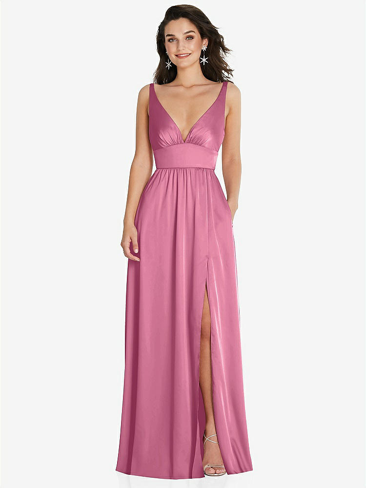 Stand Collar Cutout Tie Back Maxi Bridesmaid Dress With Front Slit