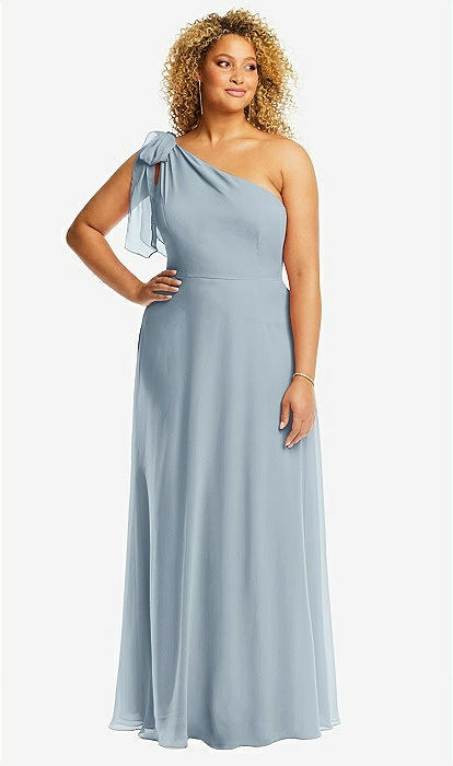 Draped One-shoulder Maxi Bridesmaid Dress With Scarf Bow In Mist