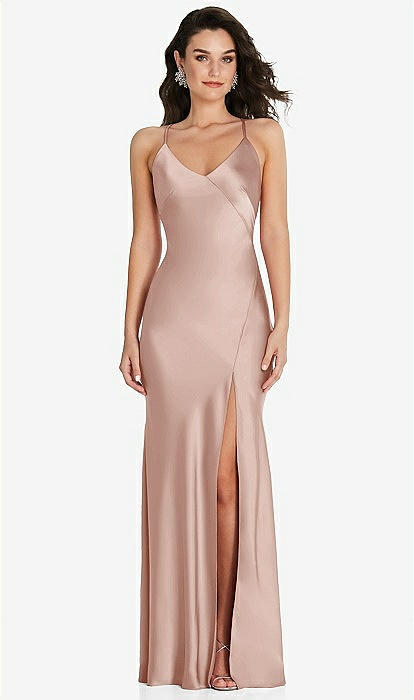 V-neck Convertible Strap Bias Slip Bridesmaid Dress With Front Slit In  Toasted Sugar