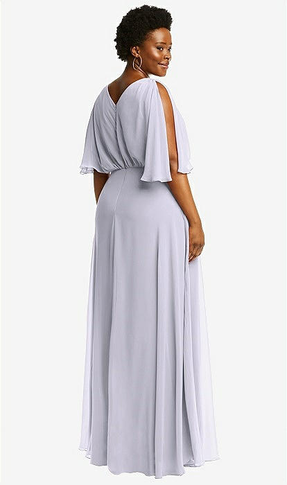 V-neck Split Sleeve Blouson Bodice Maxi Bridesmaid Dress In Silver