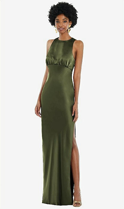 Jewel Neck Sleeveless Maxi Bridesmaid Dress With Bias Skirt In Olive Green