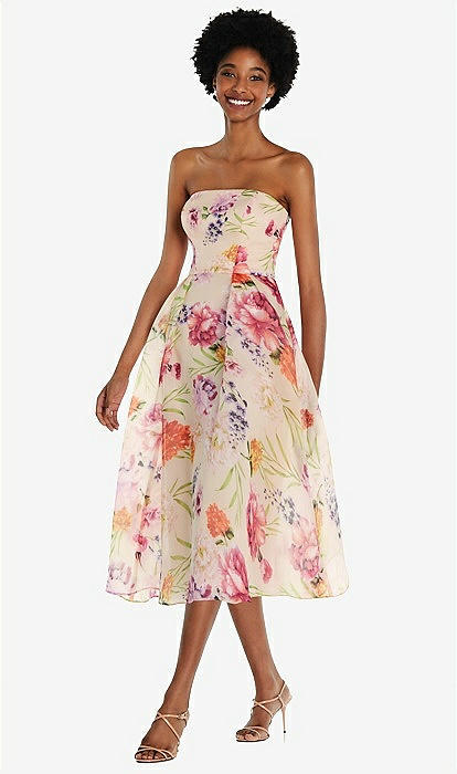 Strapless Pink Floral Organdy Midi Bridesmaid Dress In Penelope