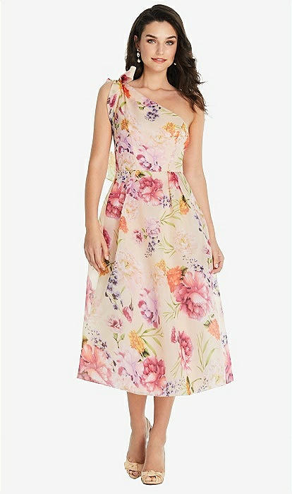 Scarf tie One shoulder Pink Floral Organdy Midi Bridesmaid Dress