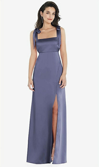 Scoop Neck Convertible Tie-strap Maxi Bridesmaid Dress With Front Slit In  Willow Green
