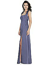 Flat Tie-shoulder Empire Waist Maxi Bridesmaid Dress With Front Slit In  French Blue