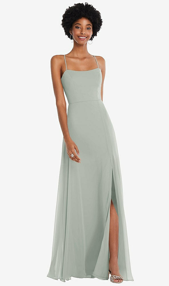 Scoop Neck Convertible Tie-strap Maxi Bridesmaid Dress With Front Slit In  Willow Green