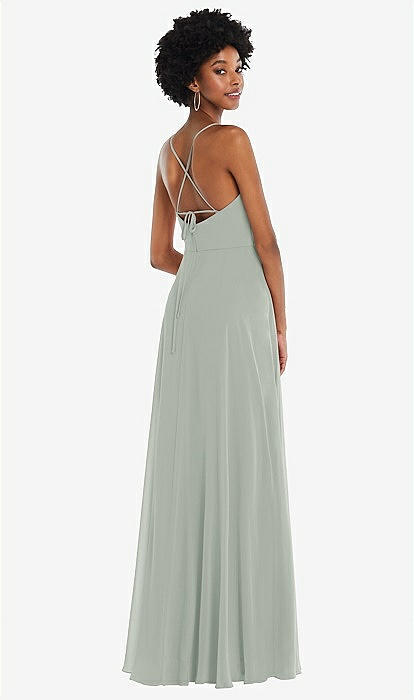Slim Spaghetti Strap Chiffon Bridesmaid Dress With Front Slit In Willow  Green