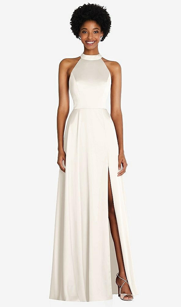 Front View - Ivory Stand Collar Cutout Tie Back Maxi Dress with Front Slit