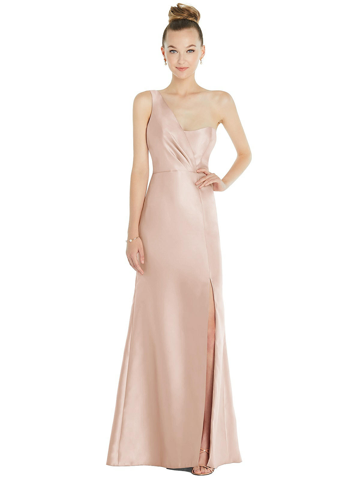 One-Shoulder Crepe Trumpet Gown with front slitTH087.Blush