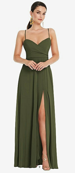 Olive Green Spaghetti Straps Lace & Chiffon Long Dress - Xdressy