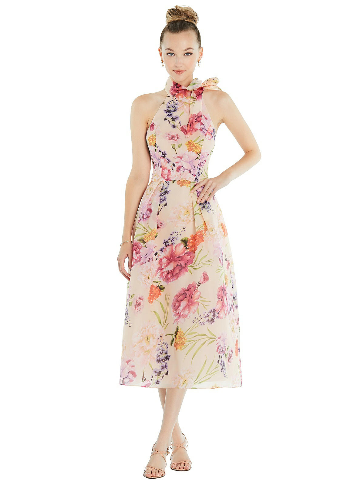 Scarf-tie High-neck Halter Pink Floral Organdy Midi Bridesmaid Dress In  Penelope Floral Print