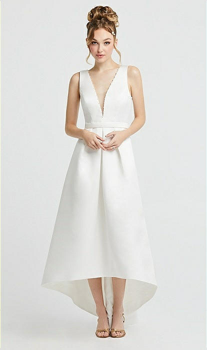 Deep V-neck High Low Satin Wedding Bridesmaid Dress With Pockets In Off  White