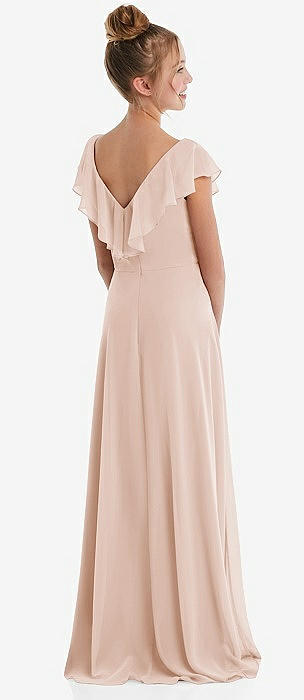 One-shoulder Scarf Bow Chiffon Junior Bridesmaid Dress In Pale Peach