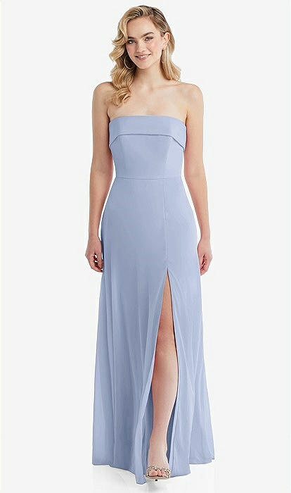 Cuffed Strapless Maxi Bridesmaid Dress With Front Slit In Sky Blue