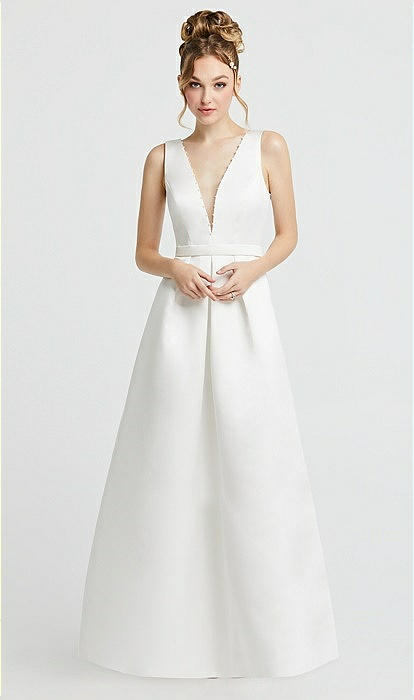 Pearl-trimmed Deep V-neck Satin Wedding Bridesmaid Dress With Pockets In  Off White
