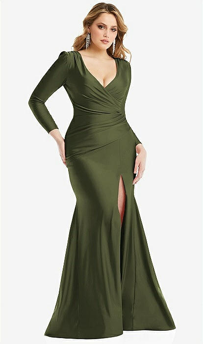 A-Line Prom Dress V Neck Long Sleeve Sweep Sequin Green Satin Slit Ple -  Princessly