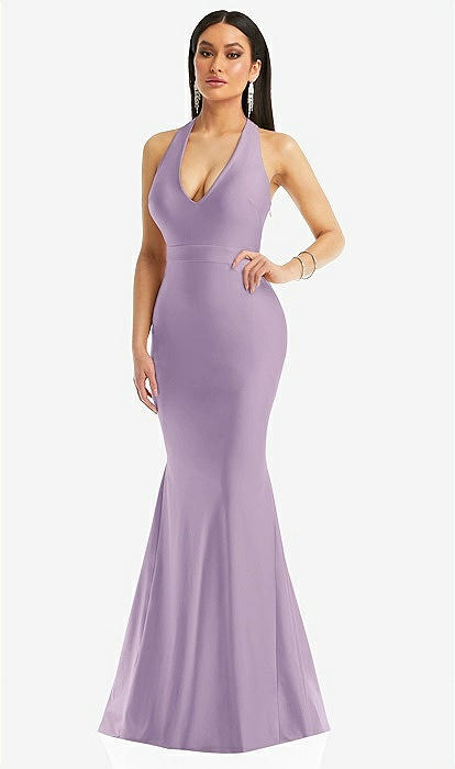 Aleah - Mauve Fitted Mermaid Backless Gown with Slit & Plunge Neck