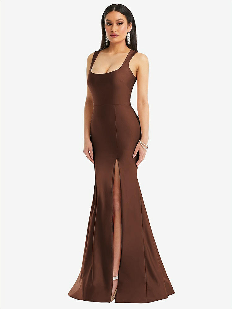 Lace-up Back Bustier Satin Bridesmaid Dress With Full Skirt And Pockets In  Cognac