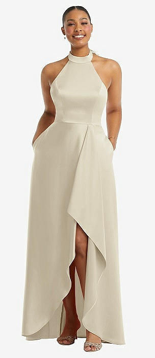 High Neck Backless Maxi Bridesmaid Dress With Slim Belt In Champagne