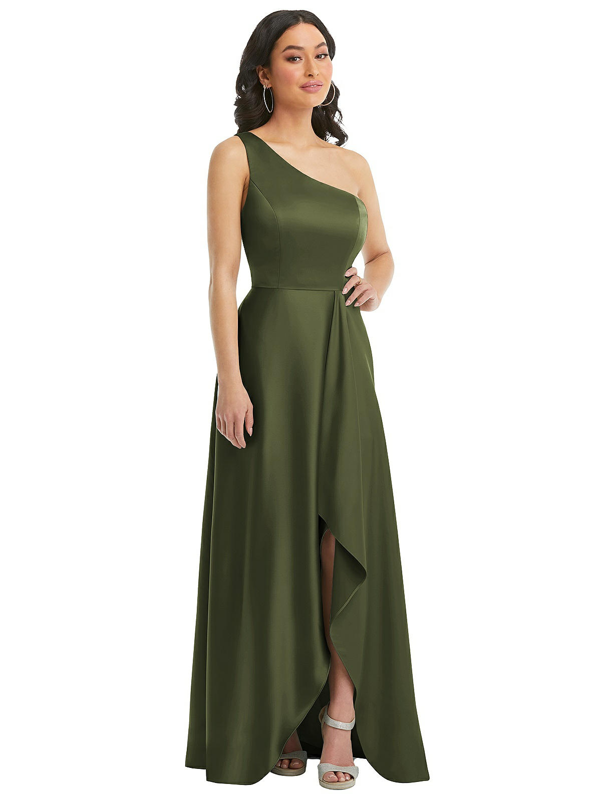 Florence Waterfall Bridesmaids Wrap Dress In Olive Green Satin | Rewritten  – Rewritten