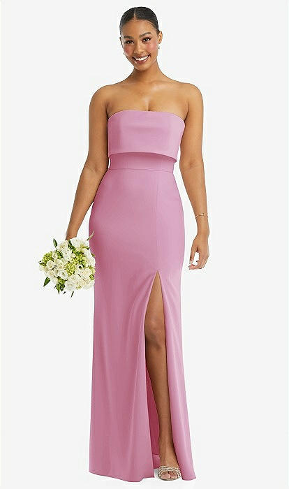 Strapless Overlay Bodice Crepe Maxi Bridesmaid Dress With Front Slit In  Powder Pink