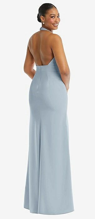 High-Neck Tie-Back Halter Cascading High Low Maxi Dress