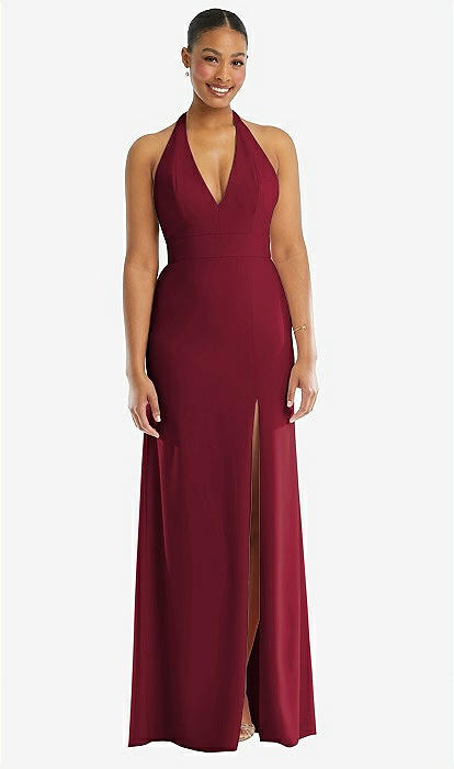 Plunge Neck Halter Backless Trumpet Bridesmaid Dress With Front