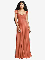Rear View Thumbnail - Terracotta Copper Shirred Cross Bodice Lace Up Open-Back Maxi Dress with Flutter Sleeves