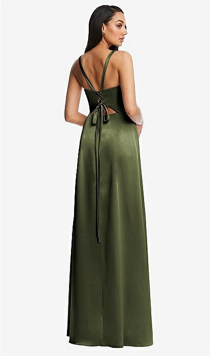 Lace Up Tie-back Corset Maxi Bridesmaid Dress With Front Slit In Olive  Green