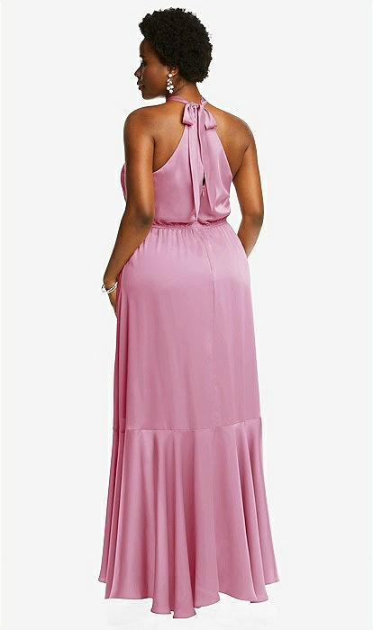 Tie-neck Halter Maxi Bridesmaid Dress With Asymmetric Cascade Ruffle Skirt  In Powder Pink