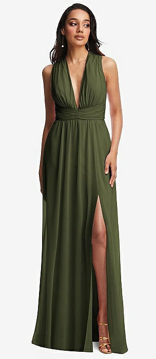 Olive Green Front Slit Bridesmaid Dresses