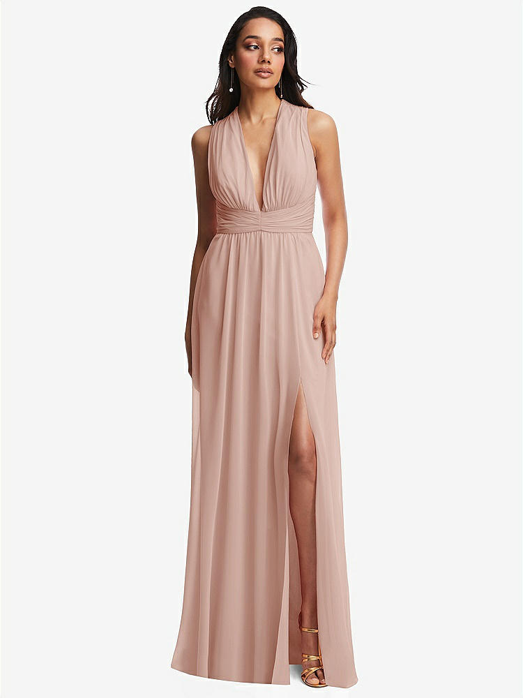 Pleated V-neck Closed Back Trumpet Bridesmaid Dress With Draped Front Slit  In Toasted Sugar