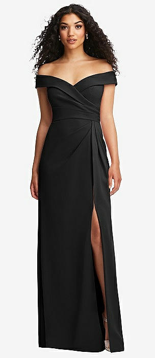 High-Low Off Shoulder Long Sleeves Black Bridesmaid Dress with Ribbon –  FancyVestido