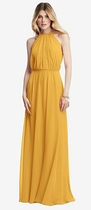 Yellow Halter Satin Prom Dress with Pockets, Slit FD1655 - Yellow / Custom  Size