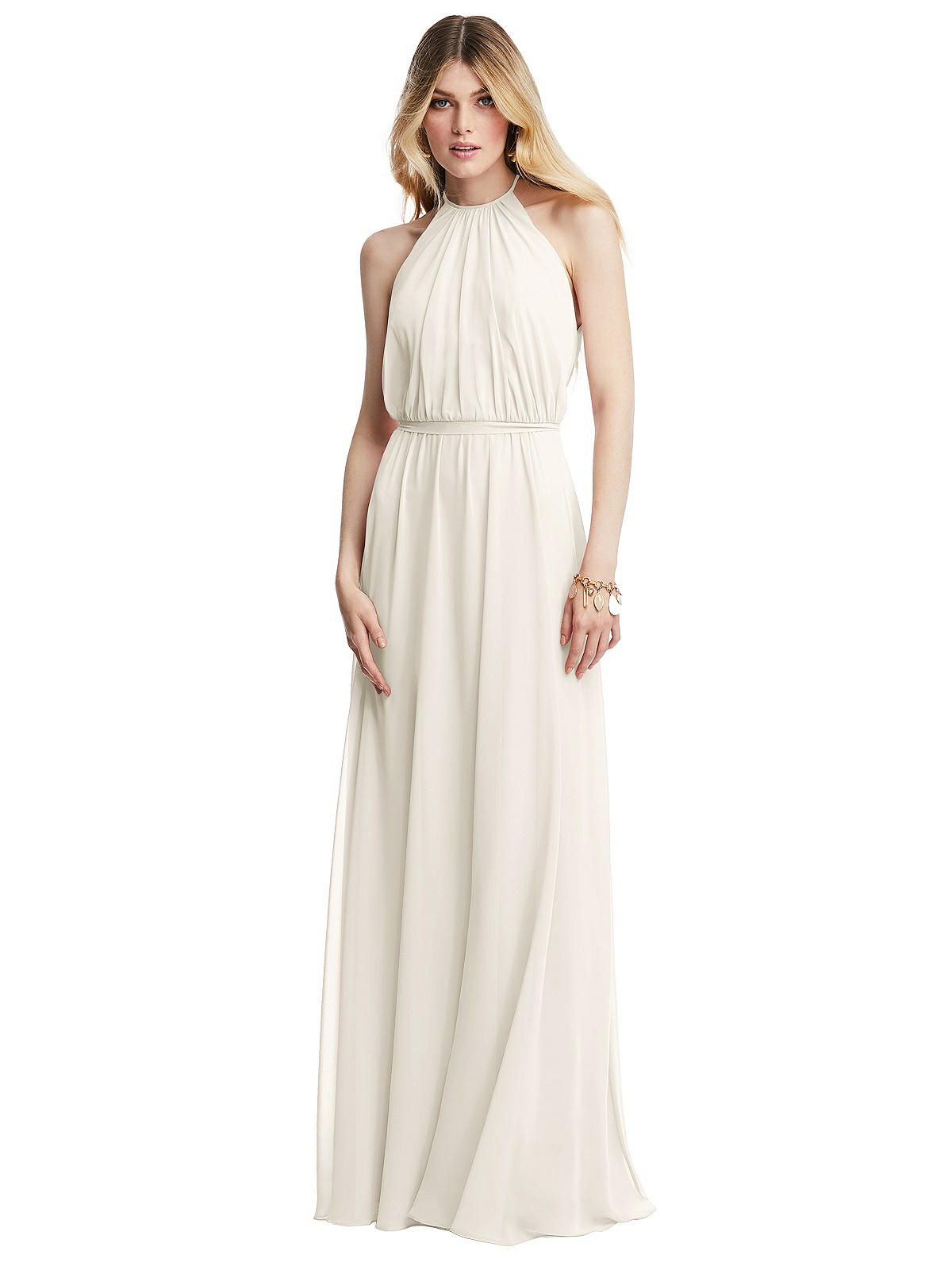 Illusion Back Halter Maxi Bridesmaid Dress With Covered Button Detail In  Ivory