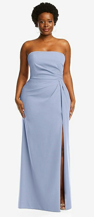 Cuffed Strapless Maxi Bridesmaid Dress With Front Slit In Sky Blue