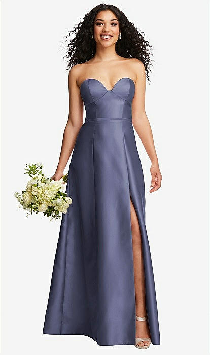 Strapless Bustier A-line Satin Bridesmaid Dress With Front Slit In French  Blue | The Dessy Group