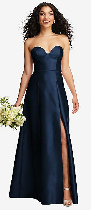 Navy Stretch Satin Faux Wrap Strapless Gown - Elements Unleashed