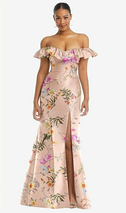 Off-the-shoulder Ruffle Neck Floral Satin Trumpet Bridesmaid Dress