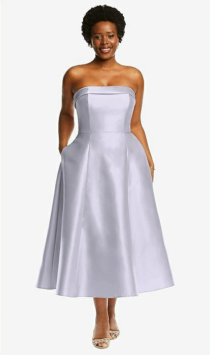 Cuffed Strapless Satin Twill Midi Bridesmaid Dress With Full Skirt And  Pockets In Silver Dove