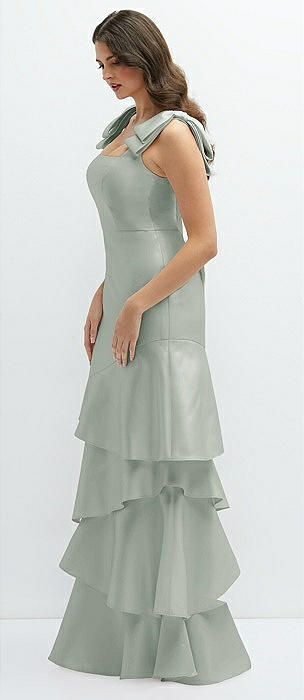 Deep V-neck Ruffle Cap Sleeve Maxi Bridesmaid Dress With Convertible Straps  In Willow Green