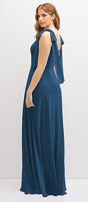 Shirred Deep Plunge Neck Closed Back Chiffon Maxi Dress