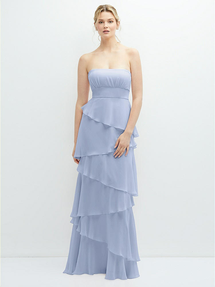 Strapless Satin Midi Corset Bridesmaid Dress With Lace-up Back & Ruffle Hem  In Sky Blue