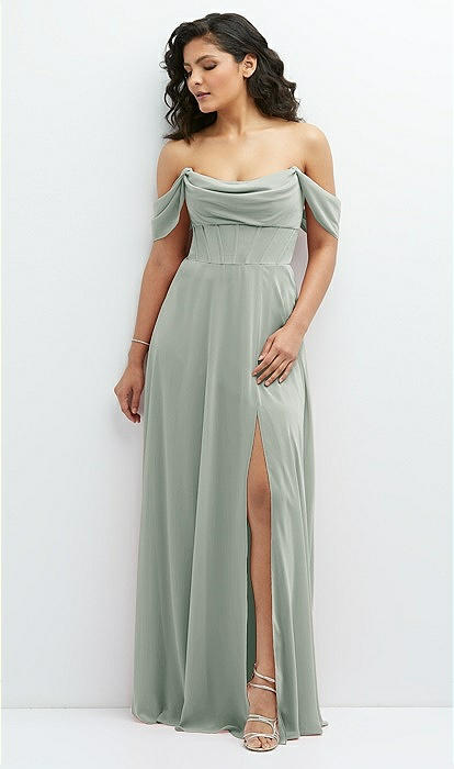 Chiffon Corset Maxi Bridesmaid Dress With Removable Off-the-shoulder Swags  In Willow Green