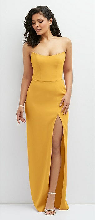 Sleek Strapless Crepe Column Dress with Cut-Away Slit