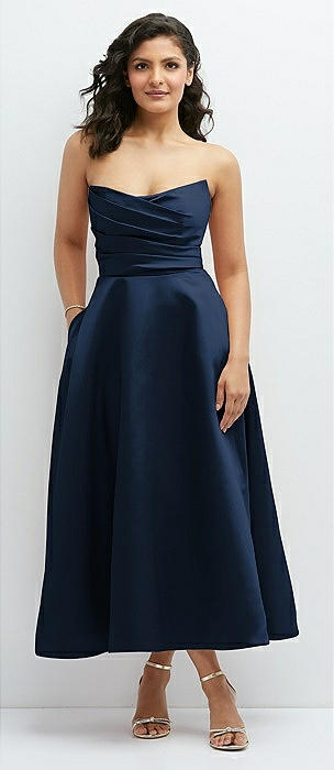 Midnight Blue Floral Dress - Pleated Midi Dress - Bustier Dress