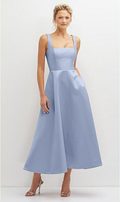 Square Neck Satin Midi Bridesmaid Dress With Full Skirt & Pockets In Sky  Blue