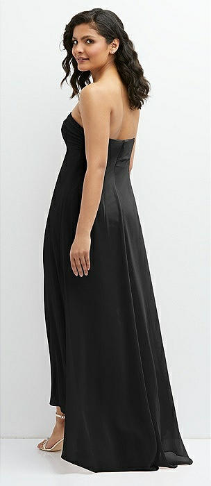 Strapless Pull-On Satin Column Dress with Side Seam Slit