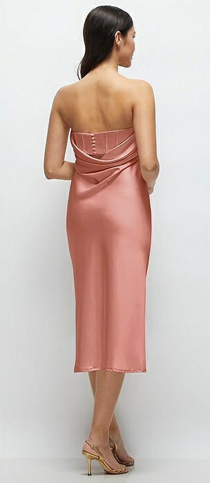 Strapless Pull-On Satin Column Dress with Side Seam Slit