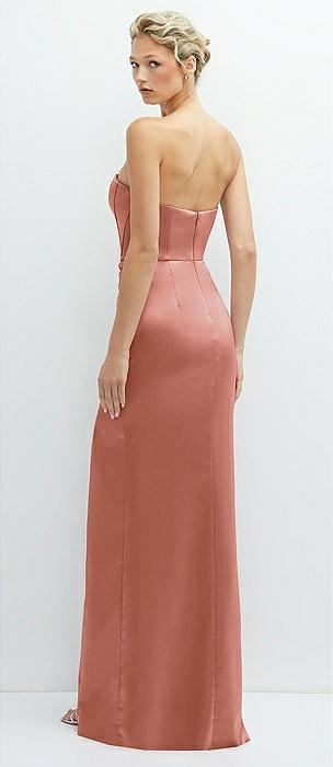 Strapless Pull-On Satin Column Dress with Side Seam Slit